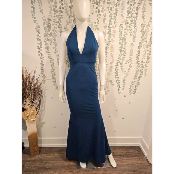 Dress the Population Camden Halter Maxi Gown Peacock Blue Size XXS NWOT - Picture 5 of 13